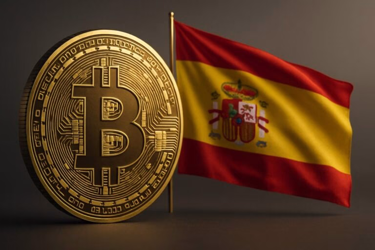Imagen editorial de una criptomoneda con bandera de España, representando regulación de criptoactivos