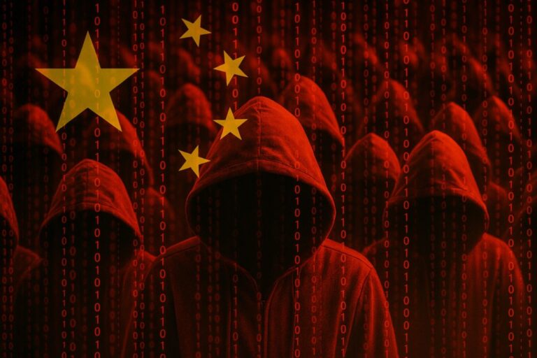 Fotomontaje con hackers encapuchados y bandera china, ilustrando el espionaje chino en Reino Unido