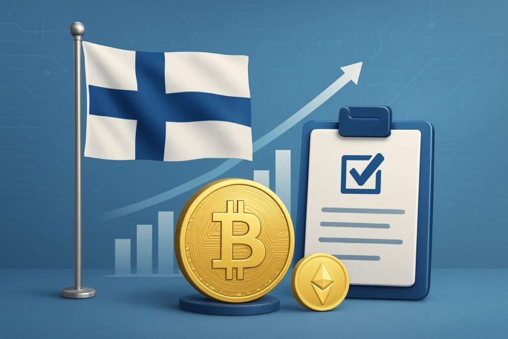 Imagen conceptual de Finlandia digital con símbolos de regulación cripto y activos digitales sobre fondo azul tecnológico