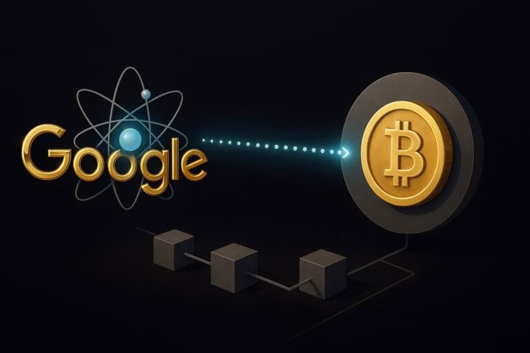 Ilustración de dinero cuántico con elementos de blockchain y computación cuántica en estilo editorial tecnológico