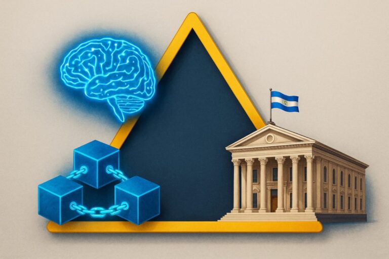 Ilustración editorial del triángulo entre IA, blockchain y Estado vinculados a la libertad digital en El Salvador