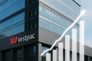 Gráfico financiero en alza frente a edificio de Westpac en Australia con enfoque en su alta valoración bursátil