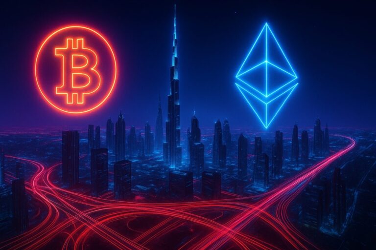 Skyline de Dubái con íconos de bitcoin y ethereum representando inversión cripto en Emiratos