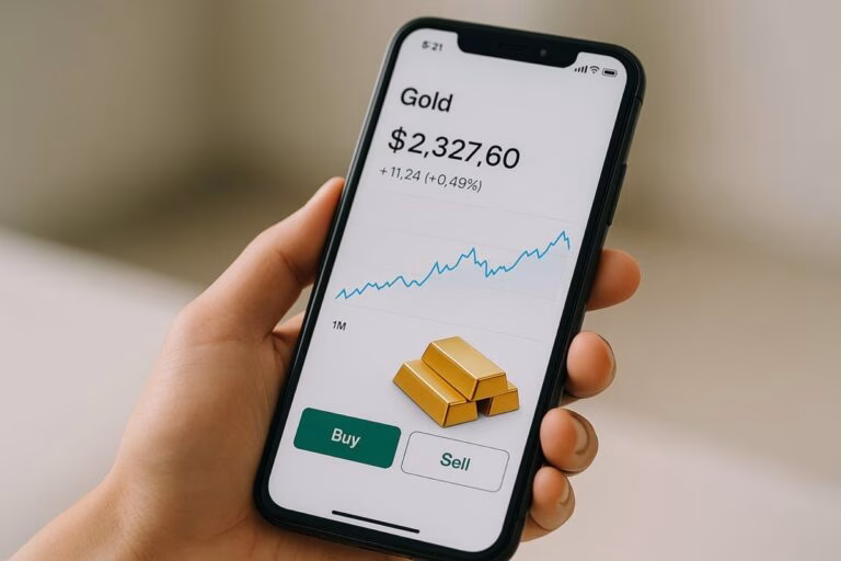 Joven utilizando una app para invertir en oro digital en Indonesia desde su smartphone