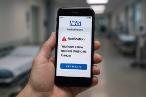 Smartphone con alerta médica en la app del NHS sobre diagnóstico de cáncer