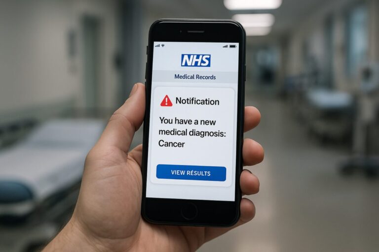 Smartphone con alerta médica en la app del NHS sobre diagnóstico de cáncer