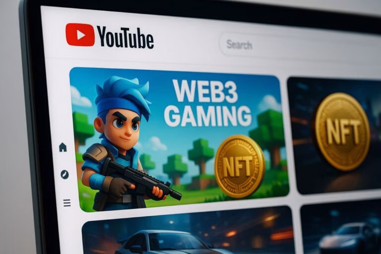 Ilustración editorial de videojuegos NFT y Web3 ganando espacio en plataformas como YouTube