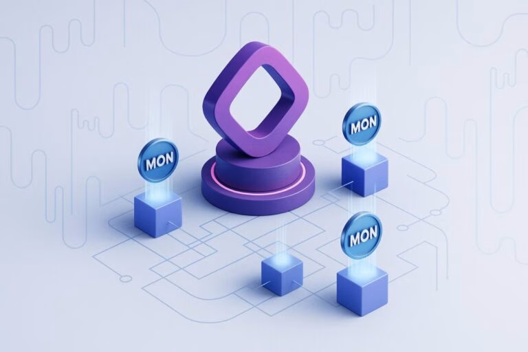 Representación digital del lanzamiento de la blockchain Monad con tokens MON y airdrop inicial