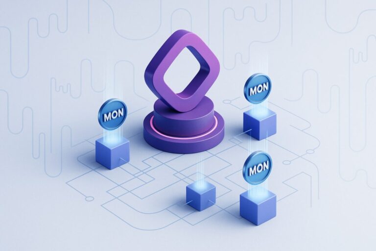 Representación digital del lanzamiento de la blockchain Monad con tokens MON y airdrop inicial