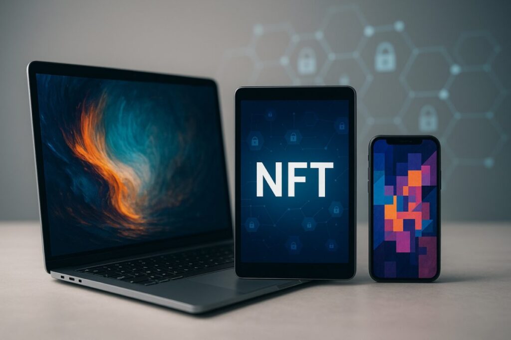 Imagen editorial que muestra NFTs y arte digital como nuevos formatos de coleccionismo, con estilo tecnológico