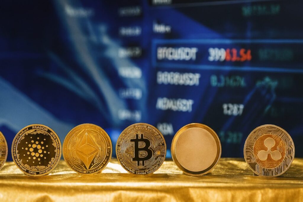 Representación del mercado cripto en EE.UU. con Bitcoin y altcoins en alza, cambios de liquidez y señales de reactivación