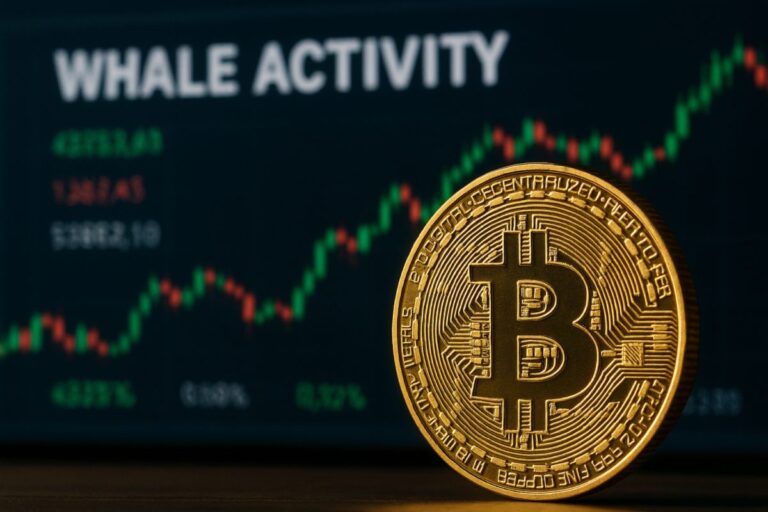 Imagen de alta resolución muestra una moneda de Bitcoin dorada frente a gráficos financieros con la frase "whale activity", destacando movimientos recientes en el mercado.