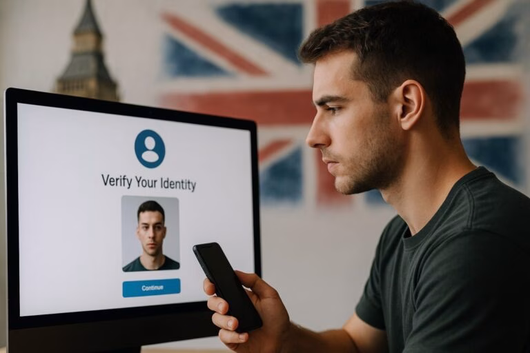 Usuario cripto validando datos personales en plataforma de Reino Unido bajo nuevas reglas regulatorias