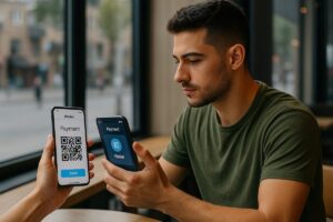 Usuario joven realizando pago con código QR desde PagaApp, billetera digital lanzada por STP en México