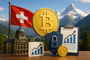 Ilustración de la regulación fiscal cripto extendida en Suiza hasta 2027, con elementos digitales y simbología financiera