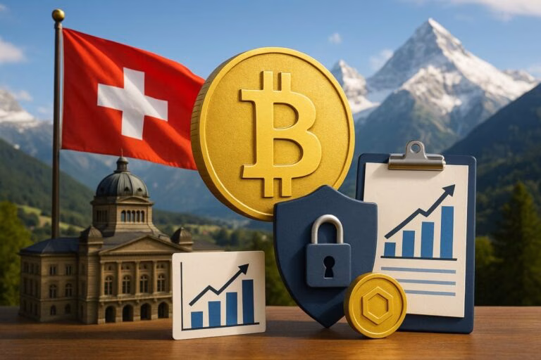 Ilustración de la regulación fiscal cripto extendida en Suiza hasta 2027, con elementos digitales y simbología financiera