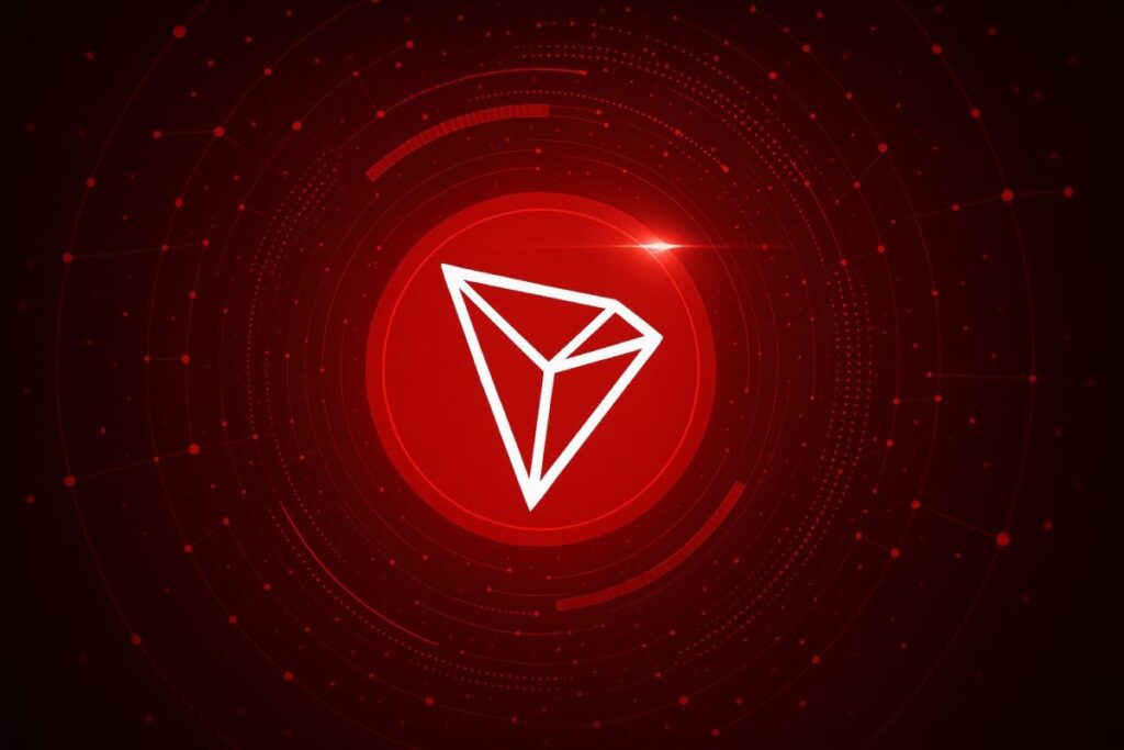 Ilustración digital con estética tecnológica en rojo sobre el ecosistema Tron como alternativa DeFi sin comisiones