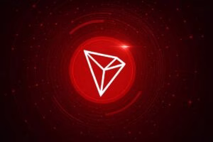 Ilustración digital con estética tecnológica en rojo sobre el ecosistema Tron como alternativa DeFi sin comisiones