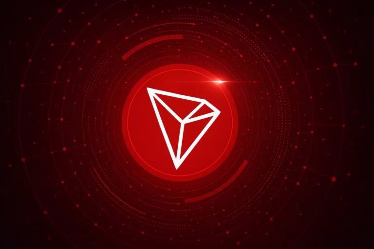 Ilustración digital con estética tecnológica en rojo sobre el ecosistema Tron como alternativa DeFi sin comisiones