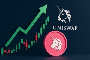 Gráfico ascendente con UNI token y logotipo de Uniswap reflejando alza por propuesta de gobernanza