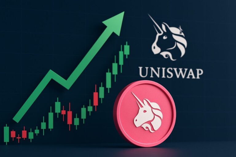 Gráfico ascendente con UNI token y logotipo de Uniswap reflejando alza por propuesta de gobernanza