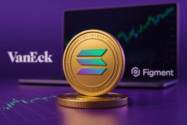 Ilustración editorial sobre ETF de Solana con staking institucional y logos de VanEck y Figment