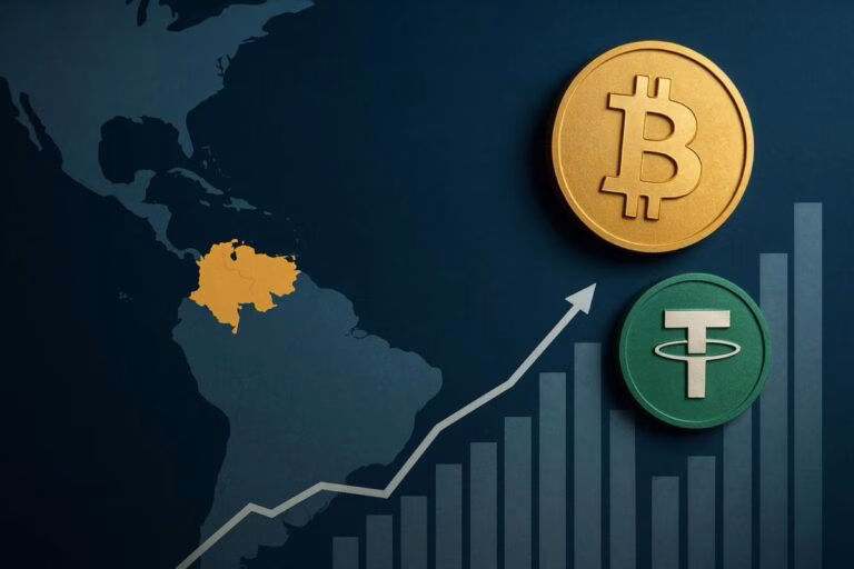 Gráfico y elementos visuales sobre la adopción de criptomonedas en Venezuela y América Latina