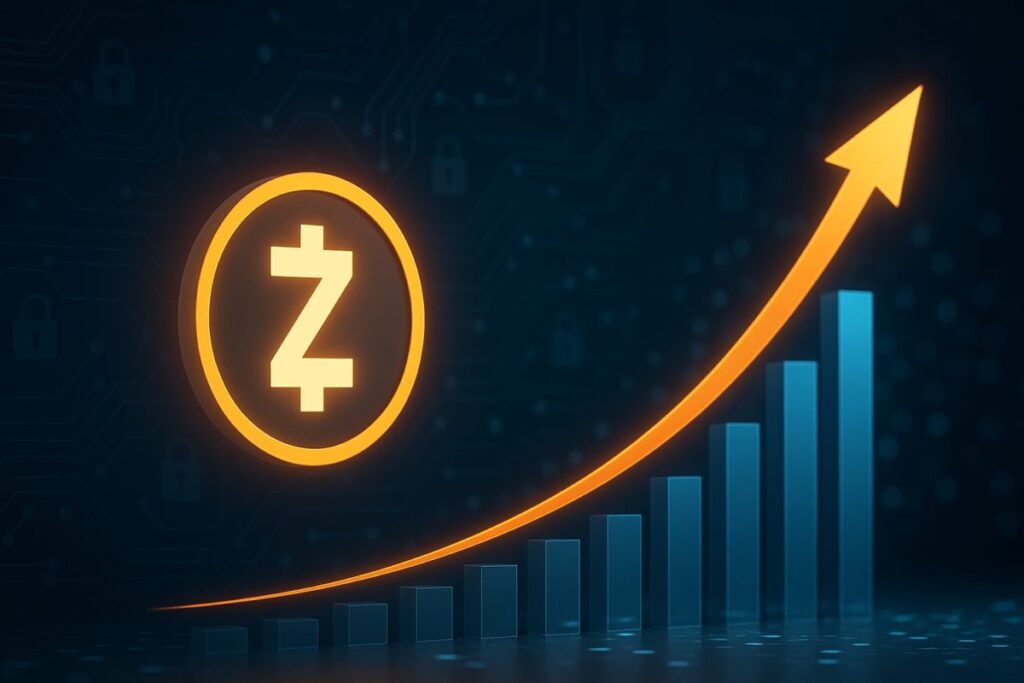 Gráfico de crecimiento de Zcash con fondo tecnológico relacionado a privacidad blockchain