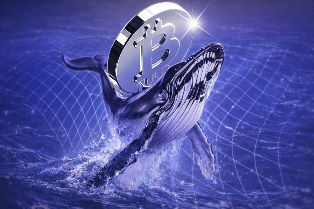 Ballena cripto en entorno digital emergiendo con un token Bitcoin metálico brillante sobre su lomo