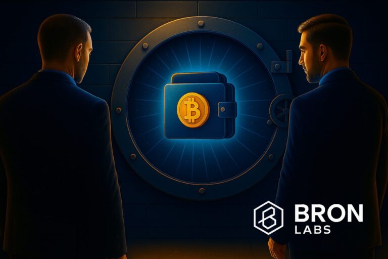 Ilustración de seguridad cripto mostrando guardianes digitales protegiendo una wallet con el logo de Bron Labs y elementos blockchain.