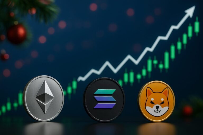 Gráfico cripto con Solana, Ether y Shiba Inu mostrando repunte de altcoins en diciembre