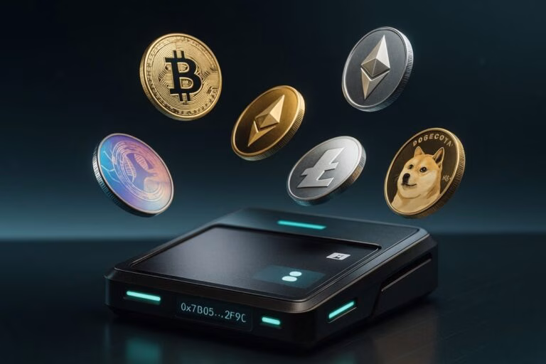 Ilustración editorial de monedas cripto flotando sobre una wallet digital con fondo tecnológico, simbolizando claves públicas