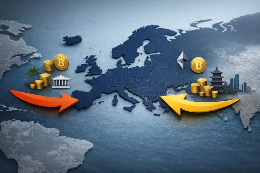 Mapa de Europa con gráficos de salida de capital cripto por inestabilidad regulatoria, exchanges en retirada