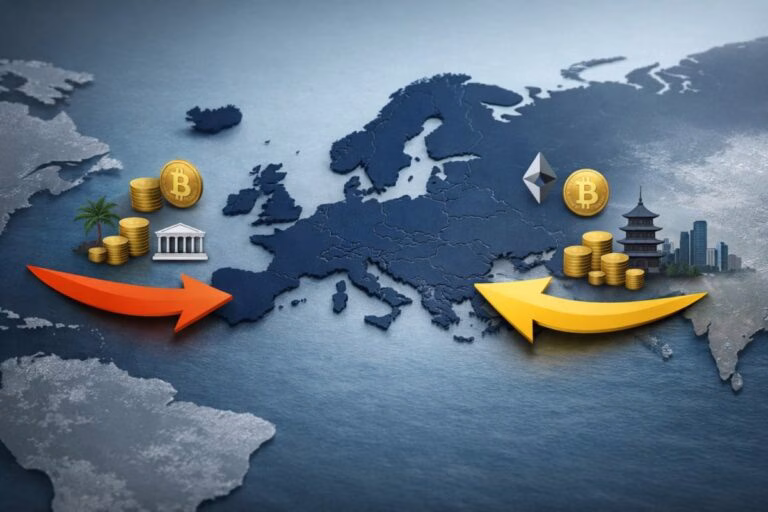 Mapa de Europa con gráficos de salida de capital cripto por inestabilidad regulatoria, exchanges en retirada