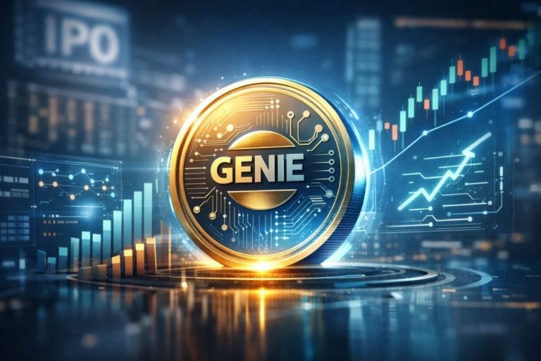 Token IPO Genie emergiendo sobre interfaz de datos con elementos de inteligencia artificial y análisis de IPOs en estilo tecnológico