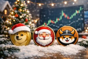 Gráfico con Dogecoin, Santa Coin y Floki, representando memecoins navideñas en crecimiento durante diciembre