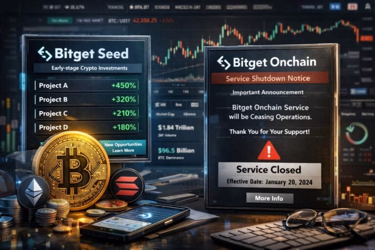 Interfaz de criptomonedas y activos digitales con énfasis en Bitget Seed y Bitget Onchain cierre de servicio