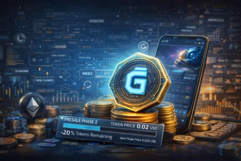Ilustración hiperrealista de un token GEEFi brillante sobre pilas de monedas digitales, acompañado de un smartphone con interfaz web3 gamificada, gráficos blockchain y el logotipo de Ethereum, representando un ecosistema cripto enfocado en juegos, recompensas DeFi e interoperabilidad.