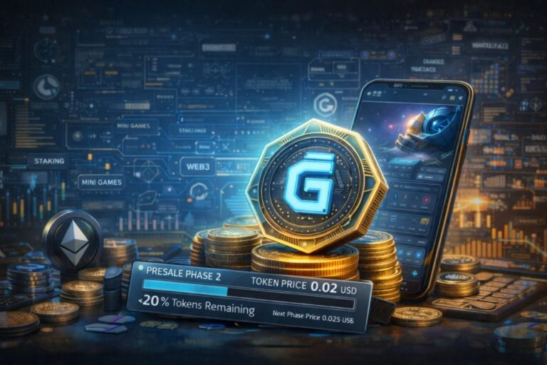 Ilustración hiperrealista de un token GEEFi brillante sobre pilas de monedas digitales, acompañado de un smartphone con interfaz web3 gamificada, gráficos blockchain y el logotipo de Ethereum, representando un ecosistema cripto enfocado en juegos, recompensas DeFi e interoperabilidad.