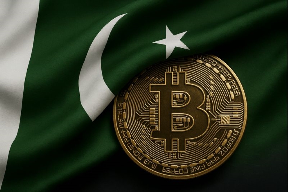 Bandera de Pakistán fusionada con un bitcoin dorado, representando su adopción tecnológica