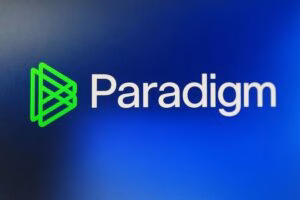Logo de Paradigm con fondo azul y estilo tecnológico, relacionado al uso de stablecoins en Brasil