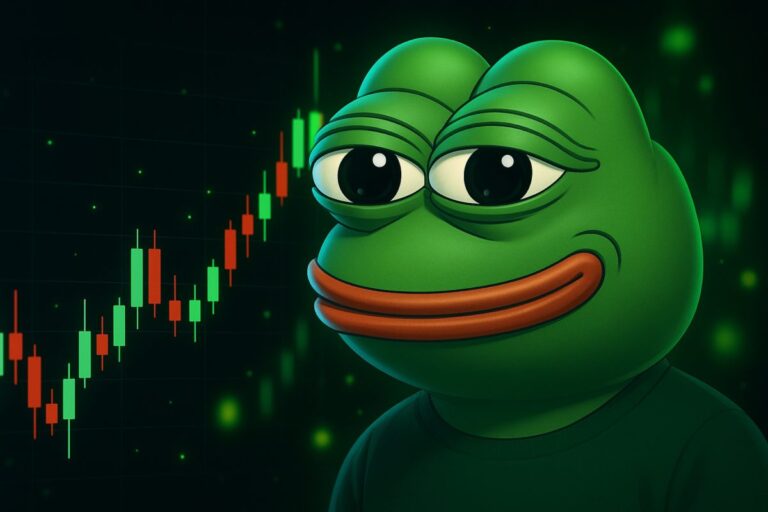 Ilustración digital de Pepe token consolidándose sobre soporte clave tras un repunte del 72% en volumen de negociación