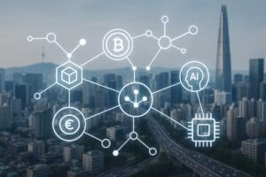 Ilustración editorial del ecosistema Web3 de PlayCoin relanzado en Corea del Sur con enfoque en IA y tecnología blockchain