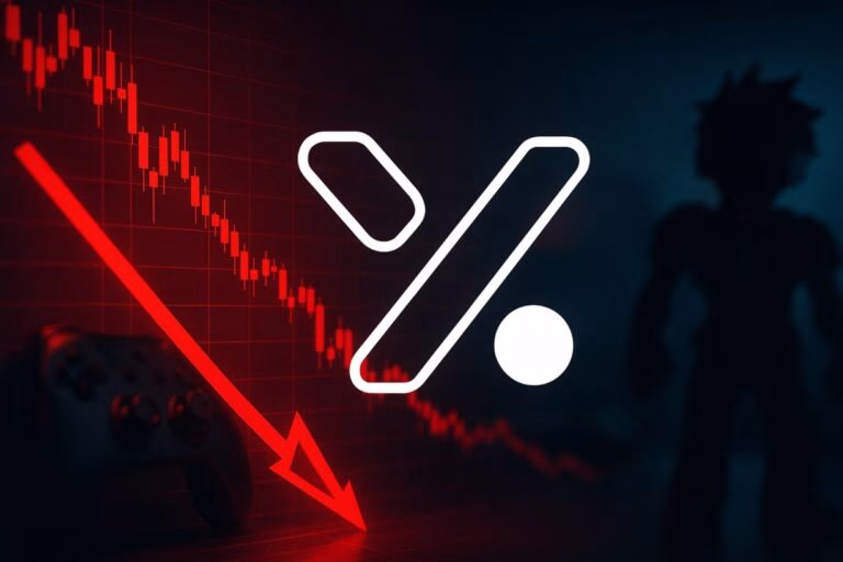 Representación visual de la caída en el precio del token Yooldo Games Esports con gráficos en rojo y entorno gamer