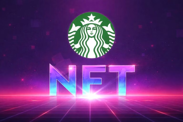 Ilustración con el logo de Starbucks sobre la palabra NFT, estilo moderno y digital, representa beneficios exclusivos con tecnología blockchain