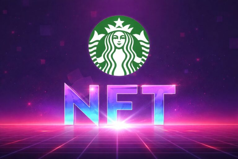 Ilustración con el logo de Starbucks sobre la palabra NFT, estilo moderno y digital, representa beneficios exclusivos con tecnología blockchain