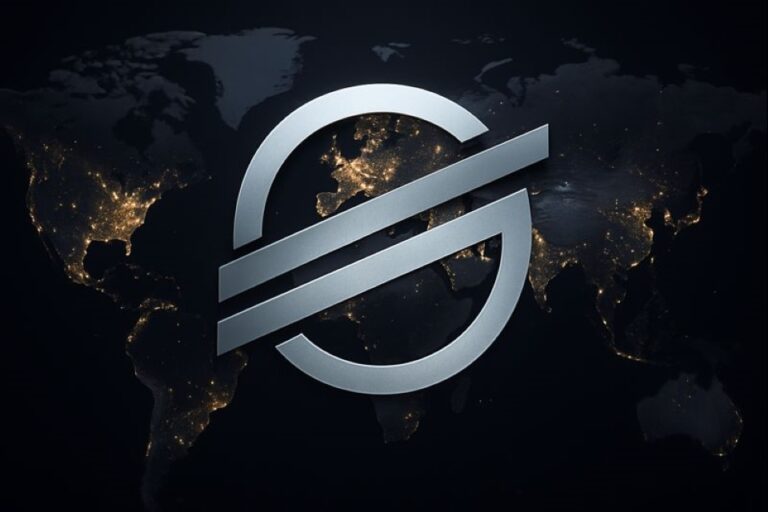 Logotipo de Stellar XLM sobre un mapa mundial iluminado, representando su adopción global en pagos digitales