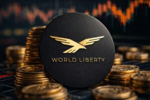 Representación digital del token WLFI con gráficos ascendentes y volumen creciente