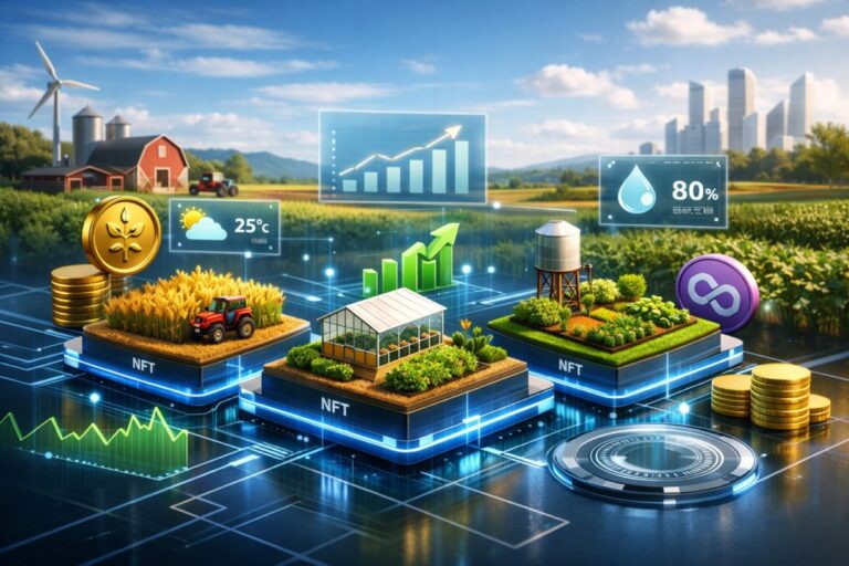 Visual de parcelas virtuales con íconos de NFT y elementos agrícolas digitales en un entorno Web3