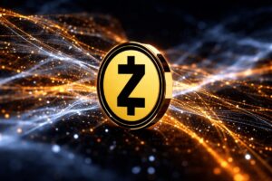 Representación digital moderna del logo de Zcash con un fondo tecnológico y efectos visuales dinámicos